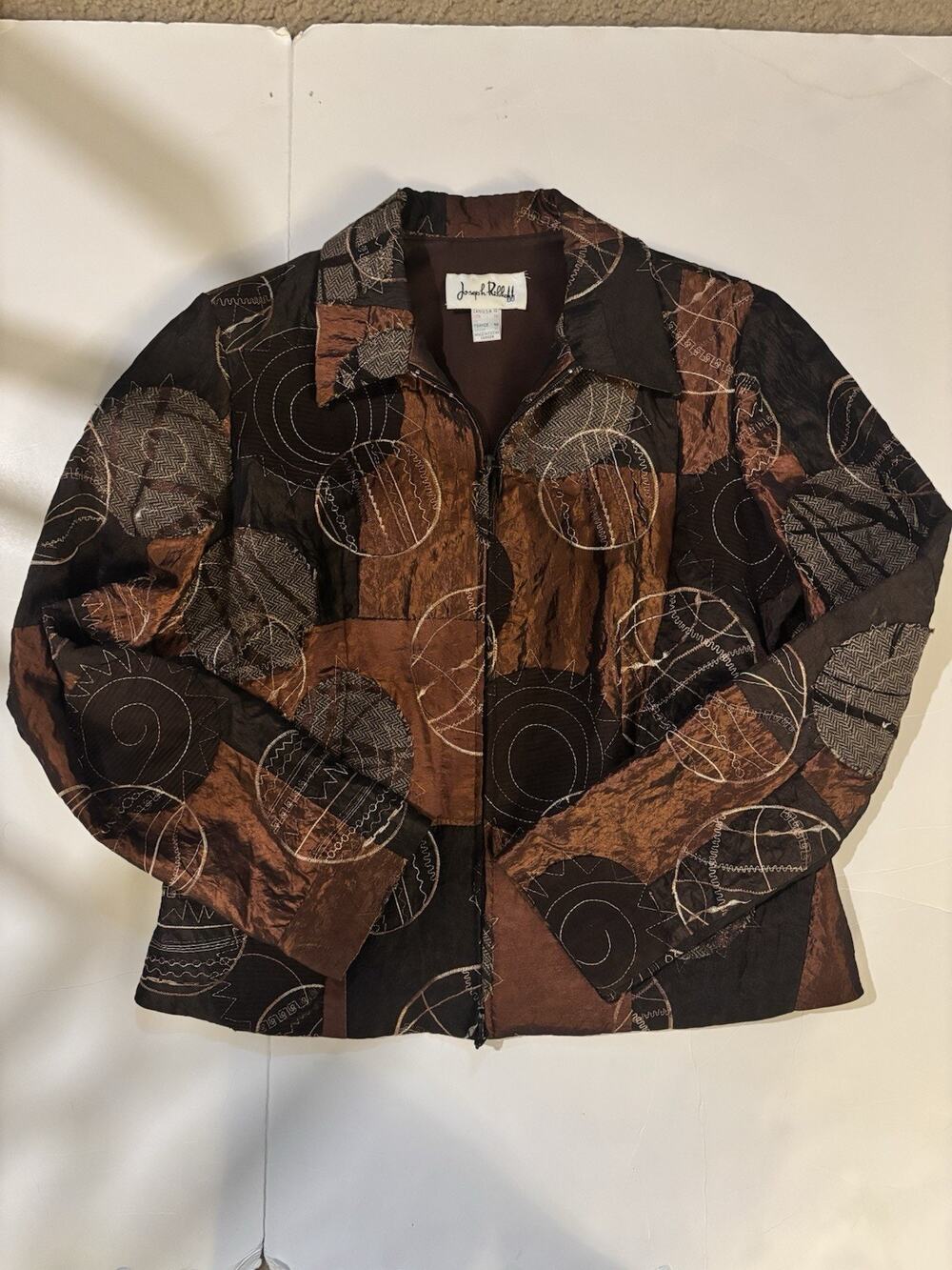 Joseph Ribkoff Embellished Brown Zip-Up Jacket Size 10 Abstract Textured Print